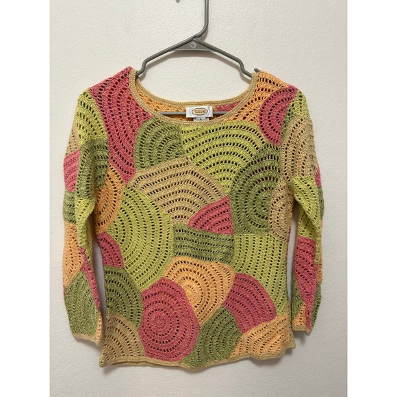 Vintage Talbots Crochet Knit Sweater Women's Small Pink Green Yellow Textured - Picture 1 of 6